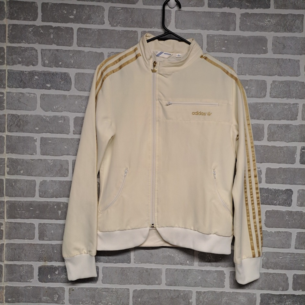 Adidas Women Vintage 2007 Y2K Logo Trefoil Jacket Cream and Gold Size Medium